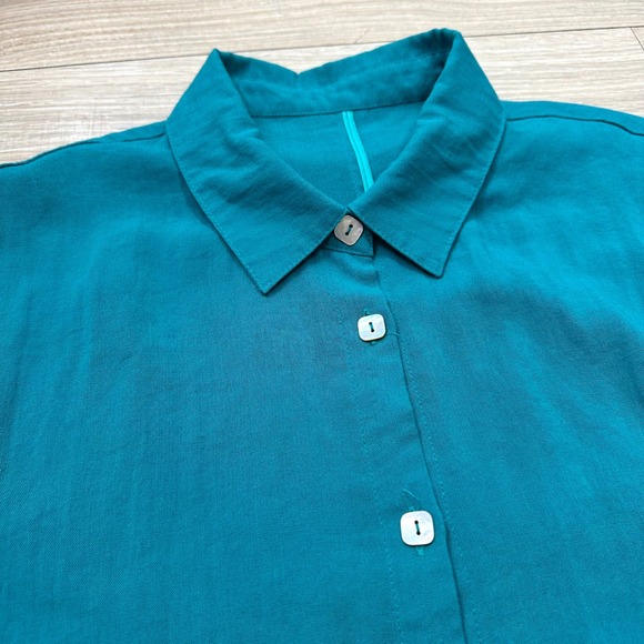 Fridaze‎ Blue Turquoise Tunic Shell Button Up Top 100% Linen Lagenlook Large - Picture 3 of 6